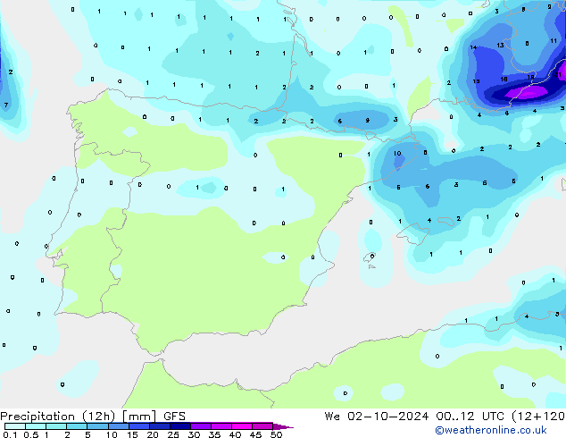 Totale neerslag (12h) GFS wo 02.10.2024 12 UTC