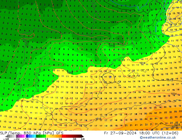 SLP/Temp. 850 hPa GFS vr 27.09.2024 18 UTC