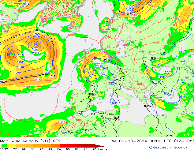 Max. wind snelheid GFS wo 02.10.2024 00 UTC