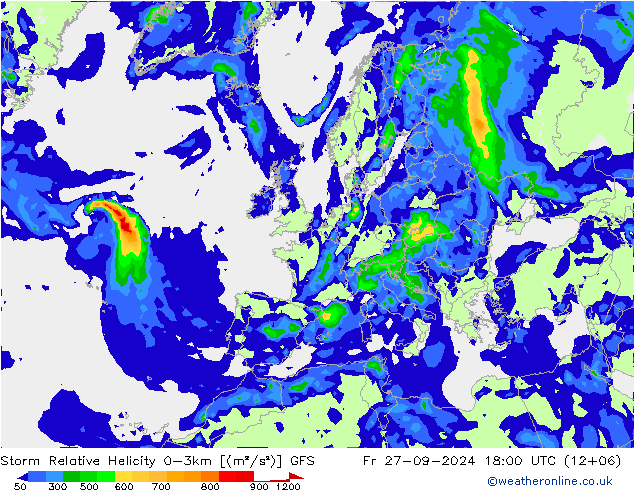 Storm Relative Helicity GFS 星期五 27.09.2024 18 UTC