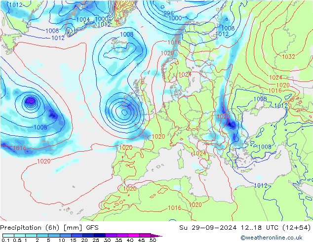 Totale neerslag (6h) GFS zo 29.09.2024 18 UTC