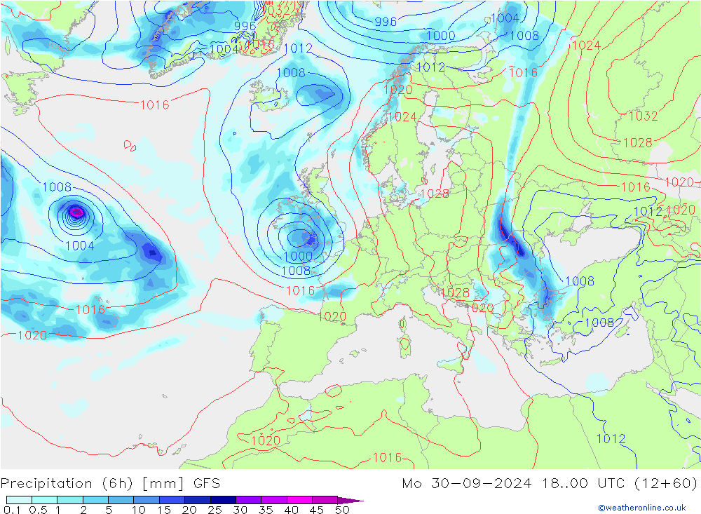 Z500/Regen(+SLP)/Z850 GFS ma 30.09.2024 00 UTC