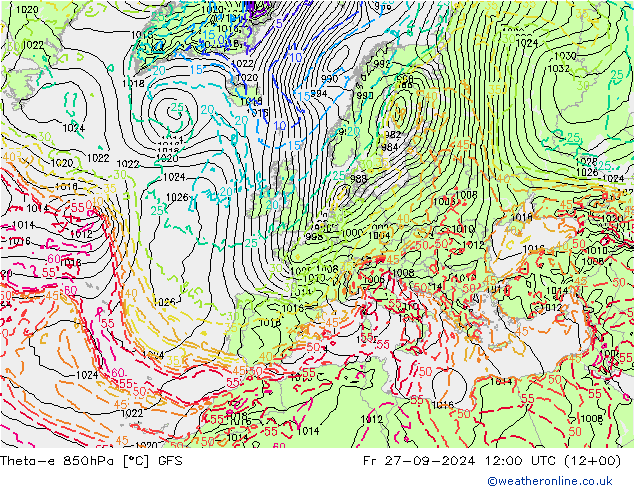 Theta-e 850hPa GFS 星期五 27.09.2024 12 UTC