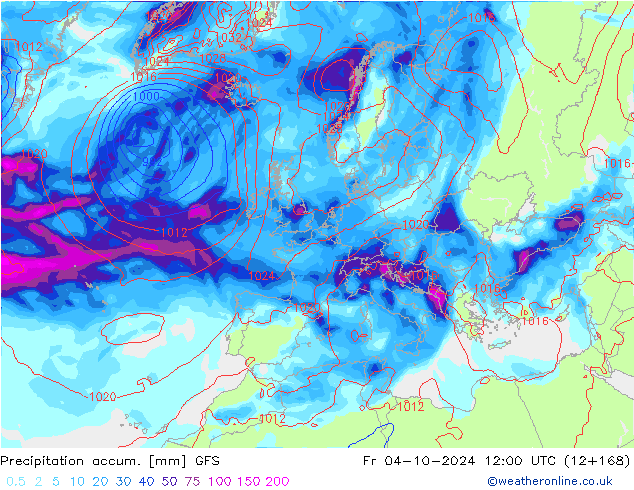 Totale neerslag GFS vr 04.10.2024 12 UTC