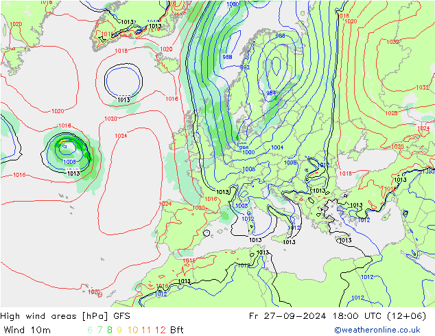 High wind areas GFS 星期五 27.09.2024 18 UTC