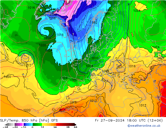 SLP/Temp. 850 hPa GFS 星期五 27.09.2024 18 UTC