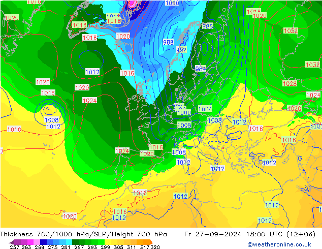 Dikte700-1000 hPa GFS vr 27.09.2024 18 UTC