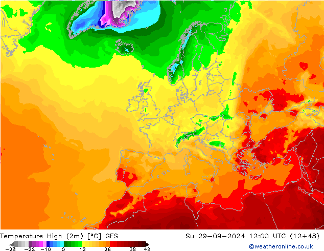 Max.temperatuur (2m) GFS zo 29.09.2024 12 UTC