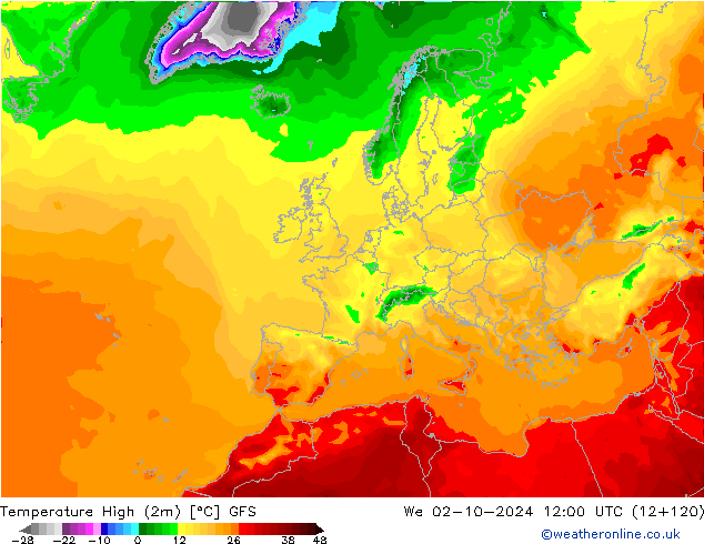 Max.temperatuur (2m) GFS wo 02.10.2024 12 UTC