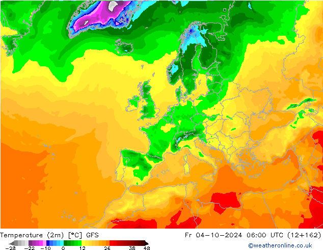 Temperatuurkaart (2m) GFS vr 04.10.2024 06 UTC