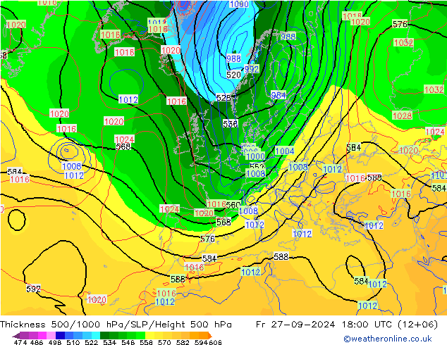 Thck 500-1000hPa GFS 星期五 27.09.2024 18 UTC