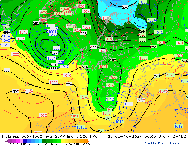 Dikte 500-1000hPa GFS za 05.10.2024 00 UTC