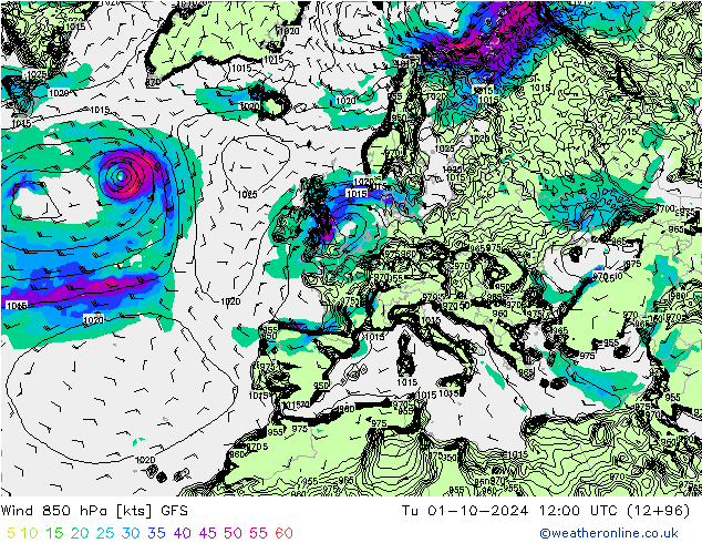 Wind 850 hPa GFS di 01.10.2024 12 UTC