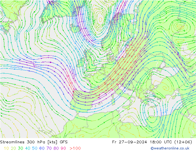 Stroomlijn 300 hPa GFS vr 27.09.2024 18 UTC