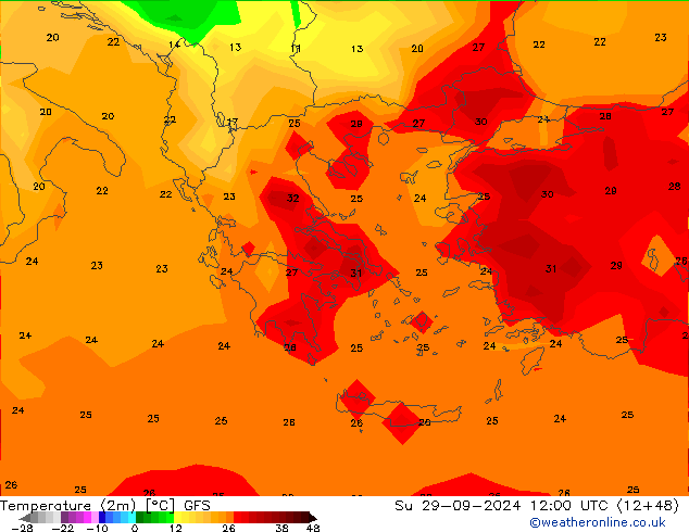 Temperatuurkaart (2m) GFS zo 29.09.2024 12 UTC