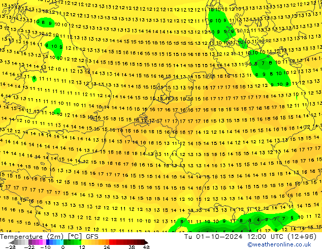 Temperatuurkaart (2m) GFS di 01.10.2024 12 UTC