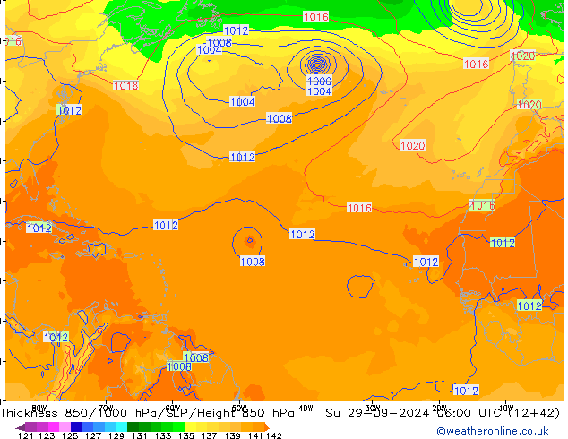 Dikte 850-1000 hPa GFS zo 29.09.2024 06 UTC