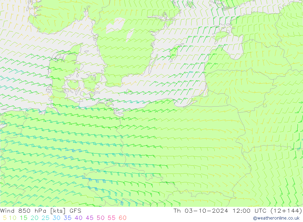 Wind 850 hPa GFS do 03.10.2024 12 UTC