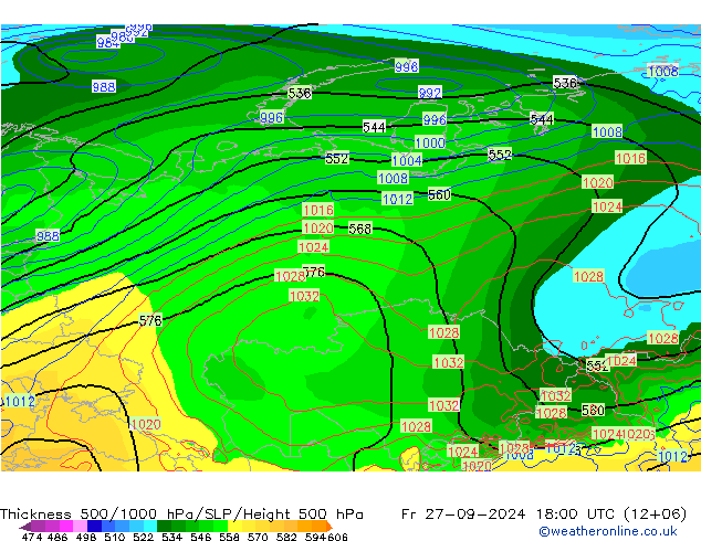 Dikte 500-1000hPa GFS vr 27.09.2024 18 UTC