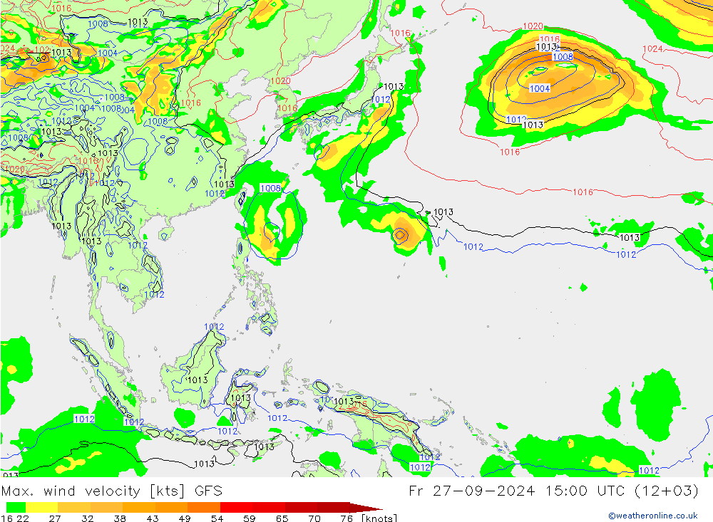 Max. wind snelheid GFS vr 27.09.2024 15 UTC