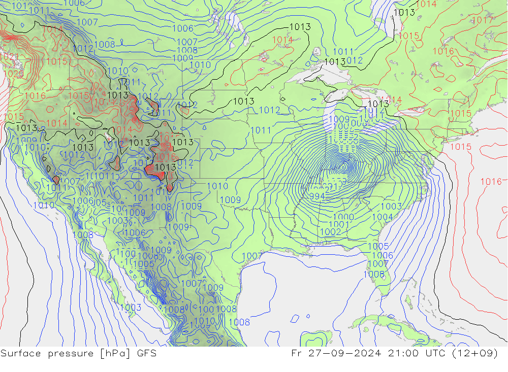 Luchtdruk (Grond) GFS vr 27.09.2024 21 UTC