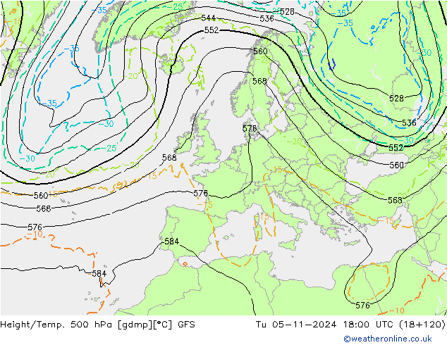 Hoogte/Temp. 500 hPa GFS di 05.11.2024 18 UTC