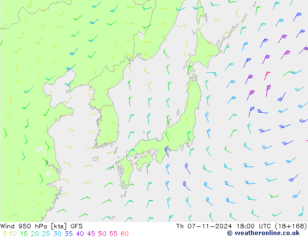 Viento 950 hPa GFS Th 07.11.2024 18 GMT