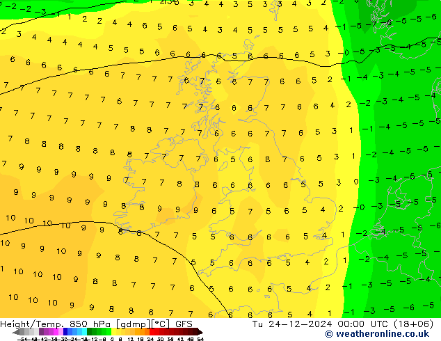 Z500/Rain (+SLP)/Z850 GFS Tu 24.12.2024 00 UTC