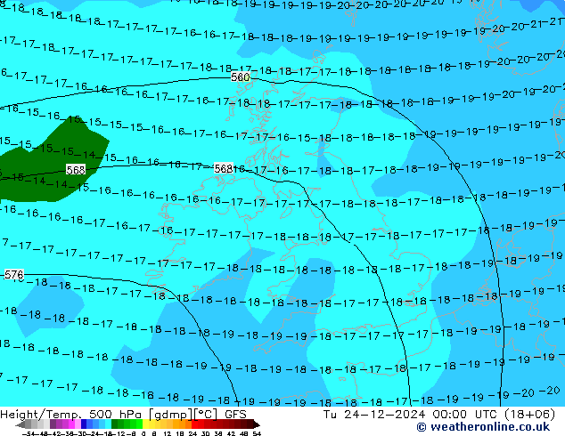 Z500/Rain (+SLP)/Z850 GFS Tu 24.12.2024 00 UTC