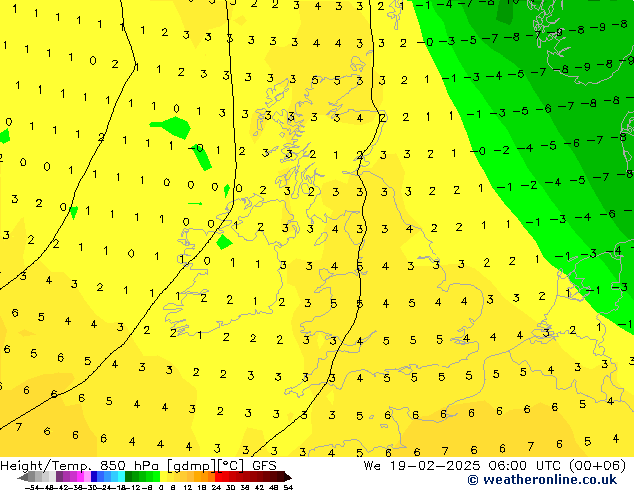 Z500/Rain (+SLP)/Z850 GFS We 19.02.2025 06 UTC