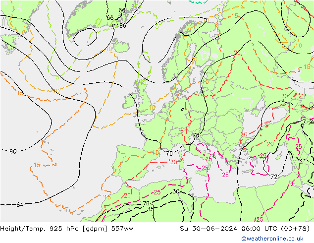Hoogte/Temp. 925 hPa 557ww zo 30.06.2024 06 UTC