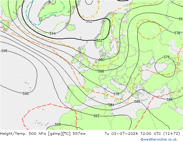 Hoogte/Temp. 500 hPa 557ww di 02.07.2024 12 UTC
