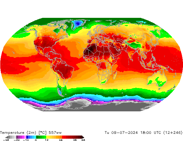 Temperatuurkaart (2m) 557ww di 09.07.2024 18 UTC