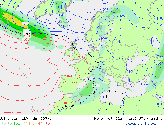 高速氣流/地面气压 557ww 星期一 01.07.2024 12 UTC