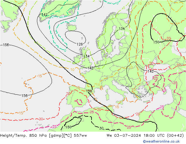 Hoogte/Temp. 850 hPa 557ww wo 03.07.2024 18 UTC