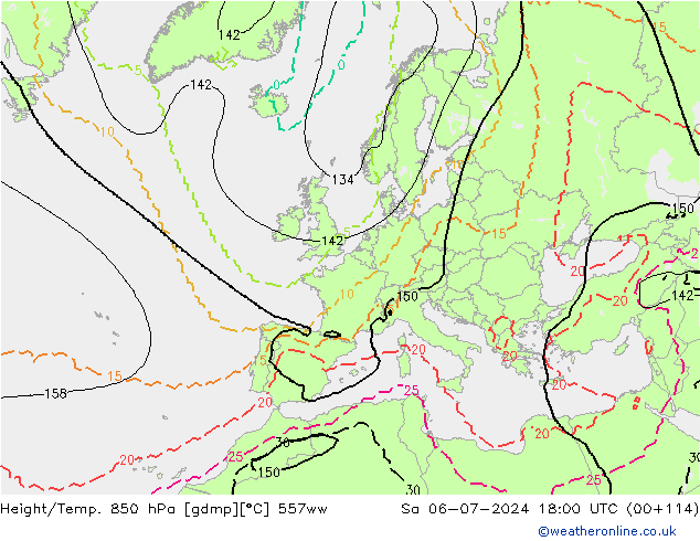 Hoogte/Temp. 850 hPa 557ww za 06.07.2024 18 UTC