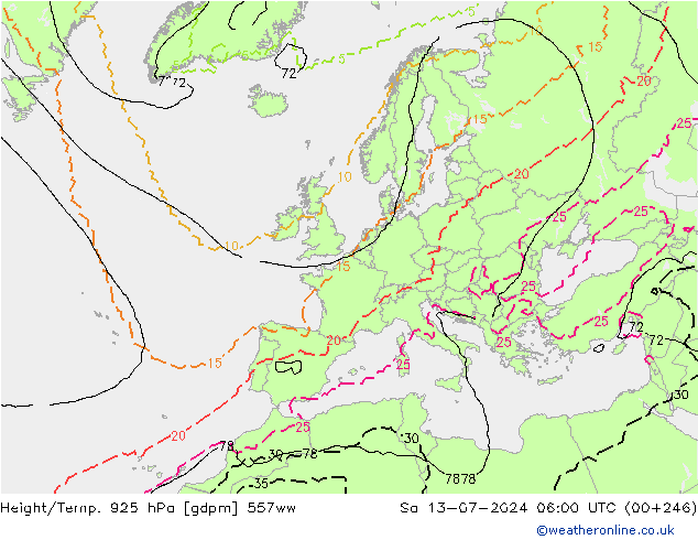 Hoogte/Temp. 925 hPa 557ww za 13.07.2024 06 UTC