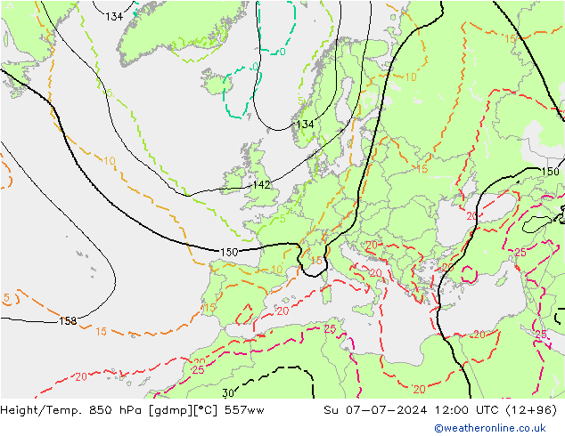 Hoogte/Temp. 850 hPa 557ww zo 07.07.2024 12 UTC