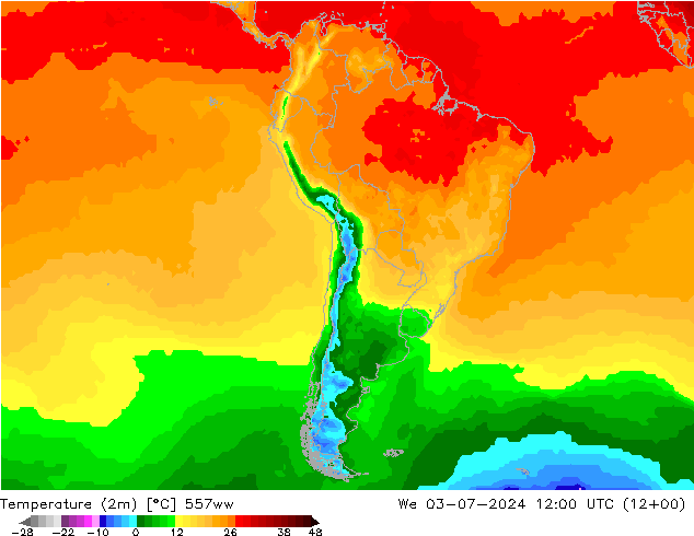 Temperatuurkaart (2m) 557ww wo 03.07.2024 12 UTC