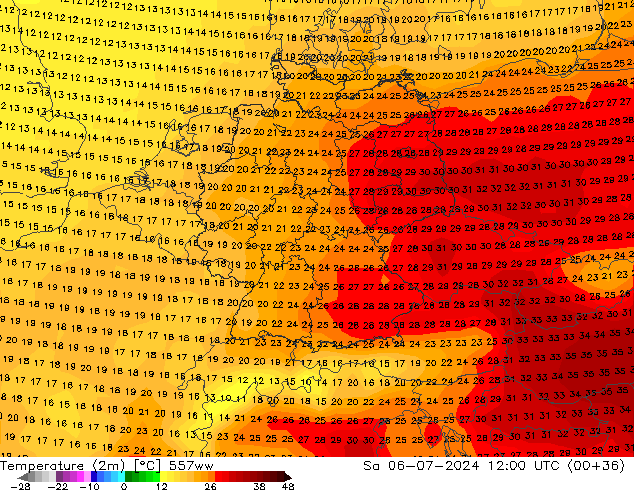 Temperatuurkaart (2m) 557ww za 06.07.2024 12 UTC