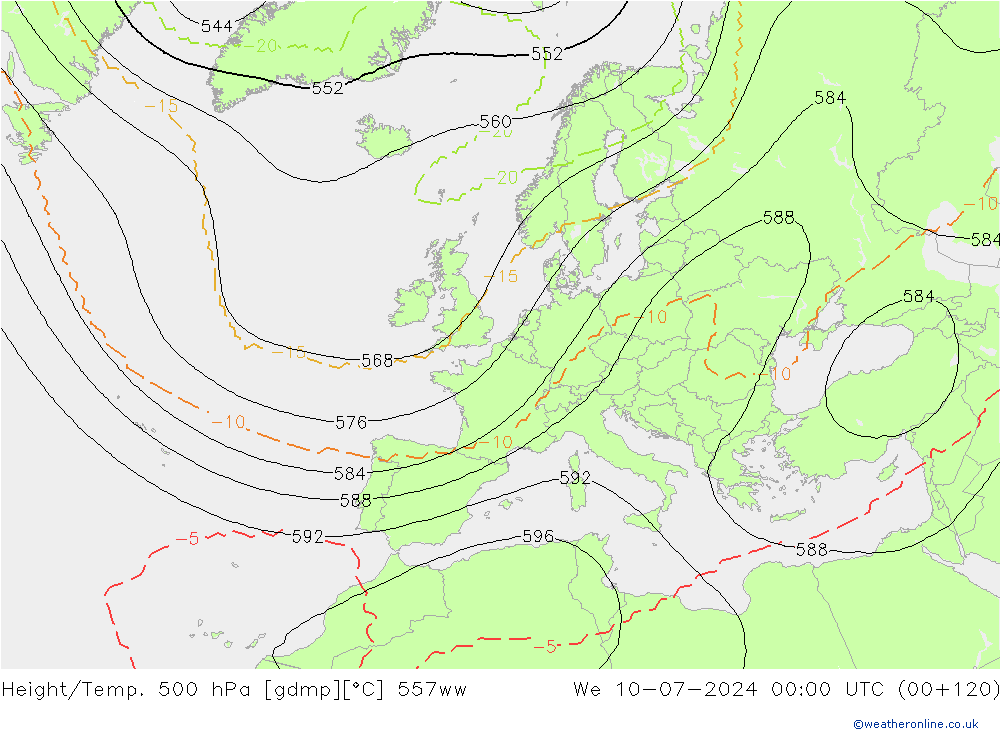 Hoogte/Temp. 500 hPa 557ww wo 10.07.2024 00 UTC