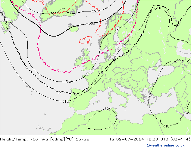 Hoogte/Temp. 700 hPa 557ww di 09.07.2024 18 UTC