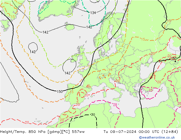 Hoogte/Temp. 850 hPa 557ww di 09.07.2024 00 UTC