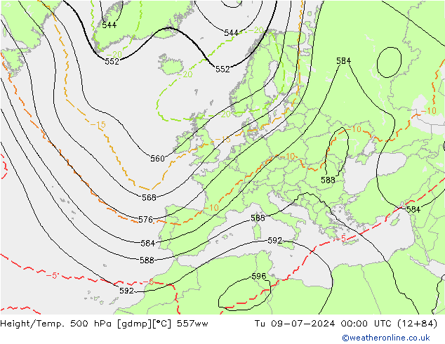 Hoogte/Temp. 500 hPa 557ww di 09.07.2024 00 UTC