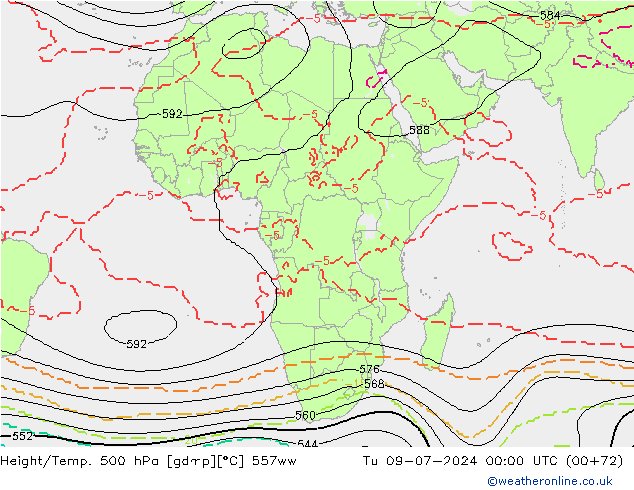 Hoogte/Temp. 500 hPa 557ww di 09.07.2024 00 UTC