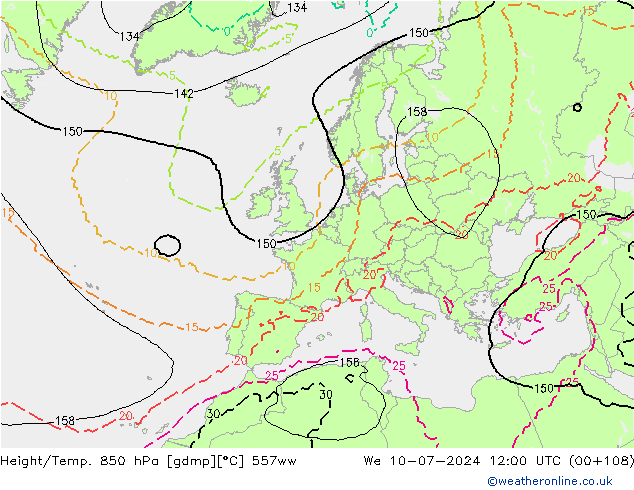 Hoogte/Temp. 850 hPa 557ww wo 10.07.2024 12 UTC