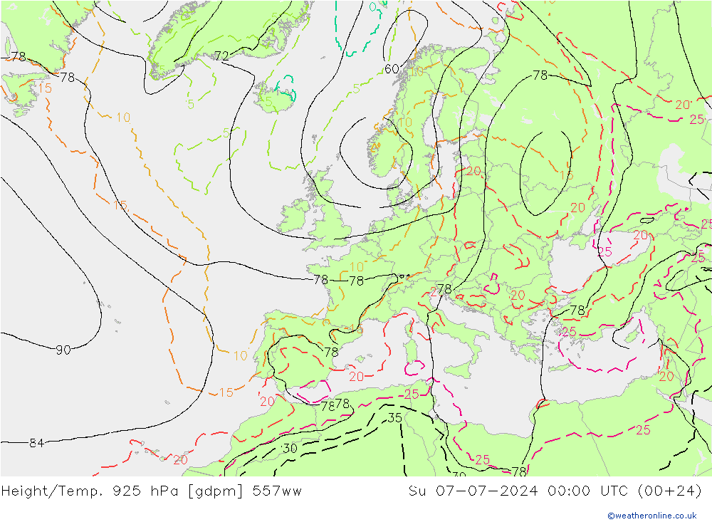 Hoogte/Temp. 925 hPa 557ww zo 07.07.2024 00 UTC