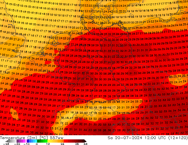 Temperatuurkaart (2m) 557ww za 20.07.2024 12 UTC