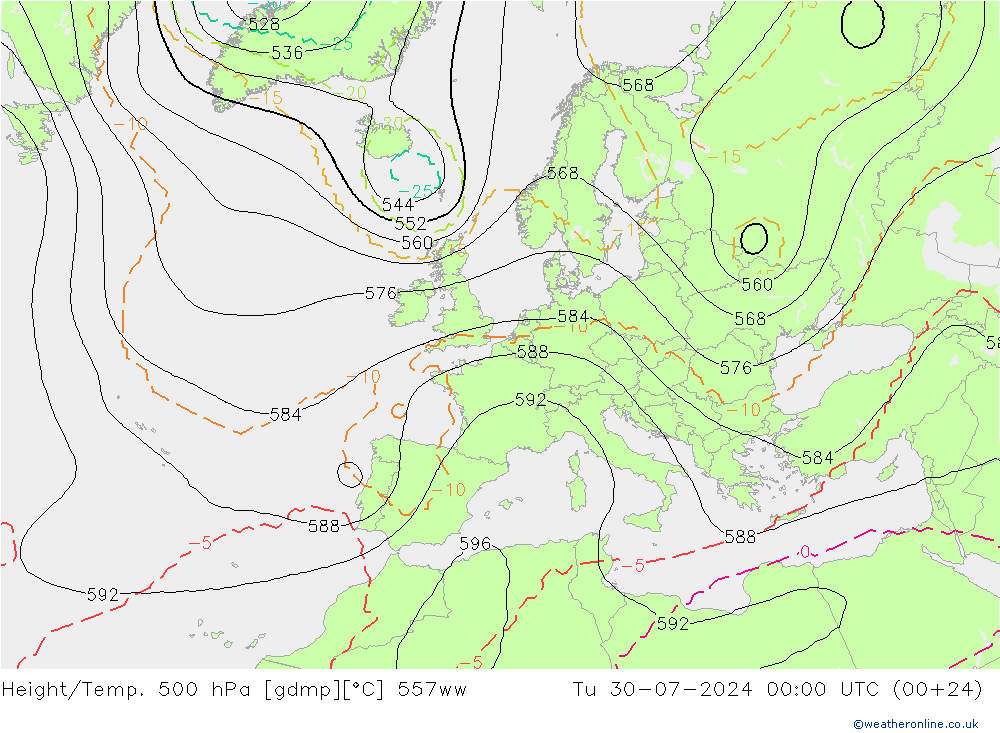 Hoogte/Temp. 500 hPa 557ww di 30.07.2024 00 UTC