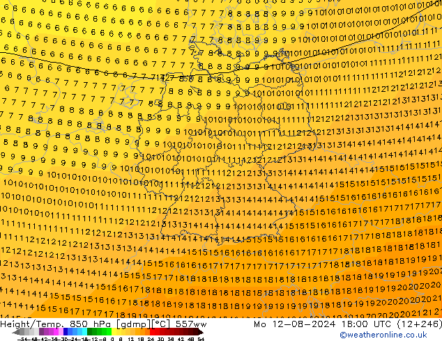 Hoogte/Temp. 850 hPa 557ww ma 12.08.2024 18 UTC